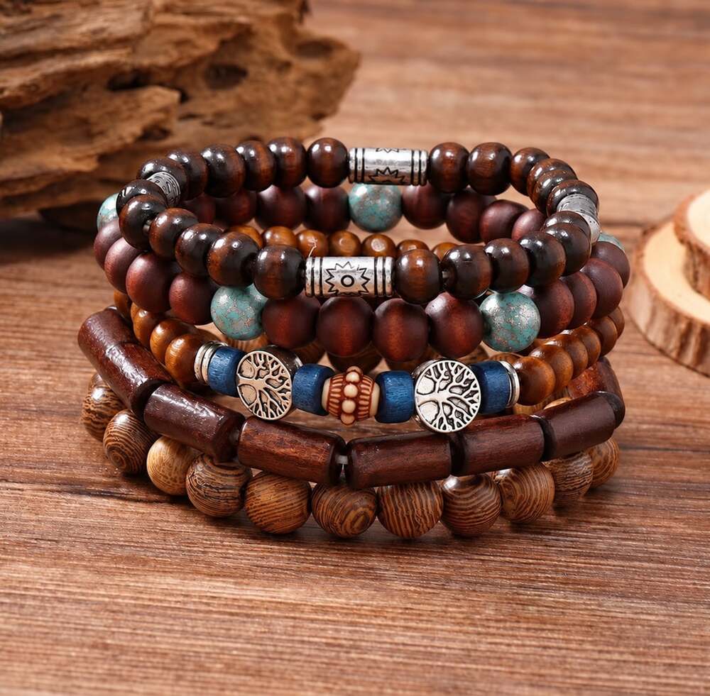 Multilayer Wooden Bead Bracelet Set Bohemian Style Handmade Jewelry